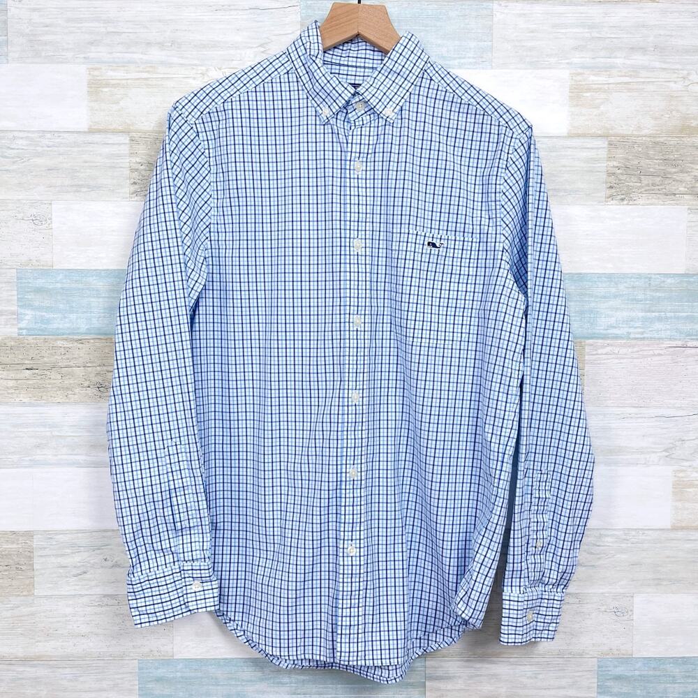 Vineyard Vines Classic Fit Tucker Shirt Blue White Check Stretch Mens Small